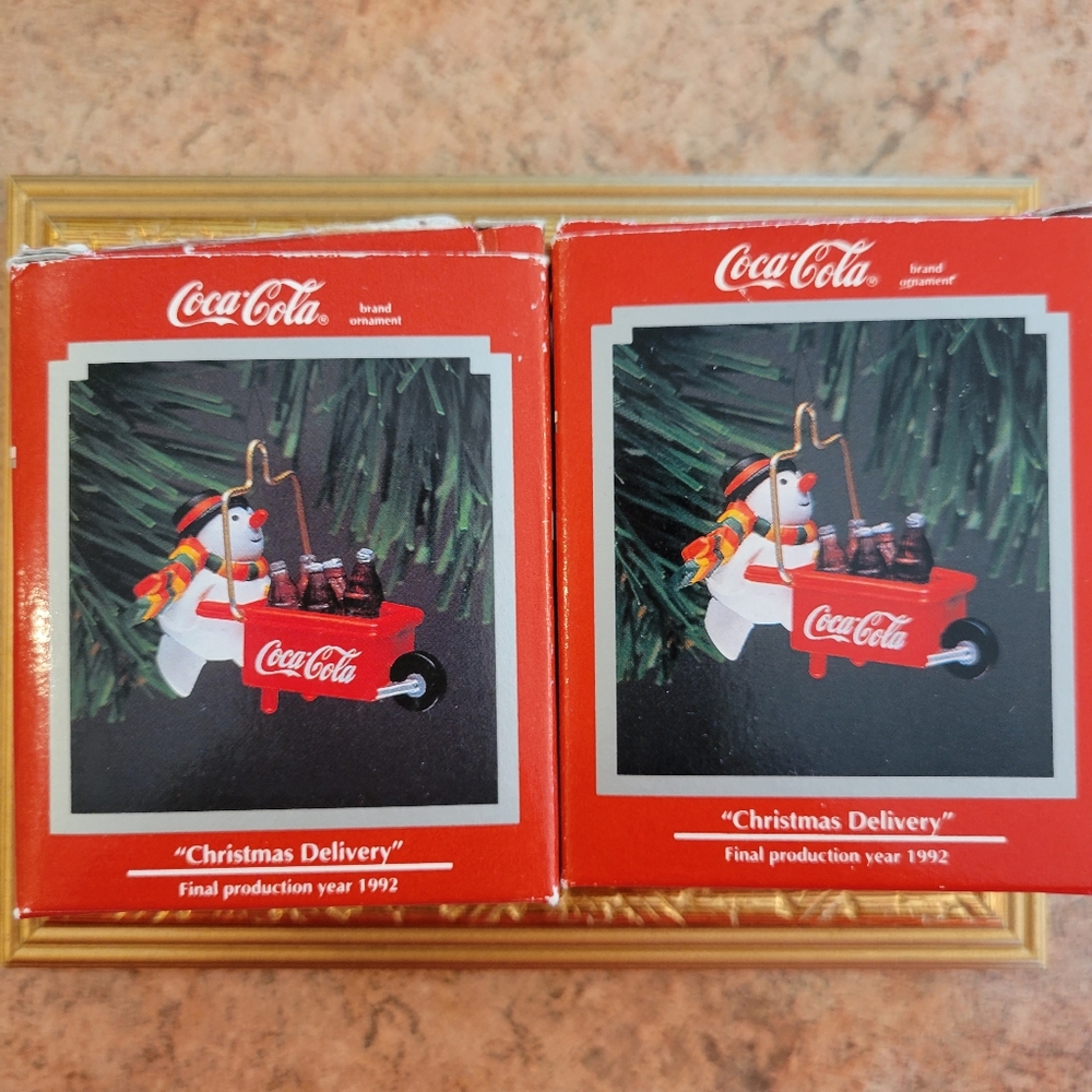 1992 Enesco Coca-Cola Ornaments (2) "Christmas Delivery" Snowman w/ Cart of Coke